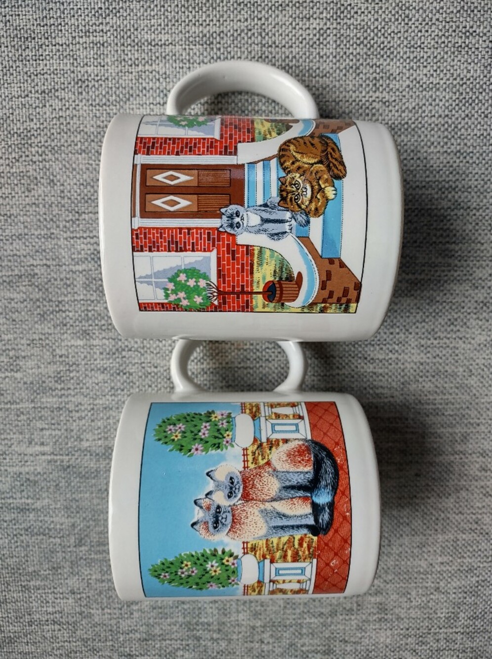 Cat Mugs Set of 2 Whimsical Illustrated Cats Ceramic Coffee Tea Japanese 8oz